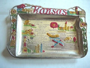 KANSAS - Vintage JAPAN CAST METAL SOUVENIR ASHTRAY - COLORFUL & OPENWORK - Picture 1 of 3