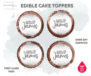 EDIBLE Cupcake Toppers Personalised BIRTHDAY BLACK Silver ICING RICE PAPER - Picture 1 of 1