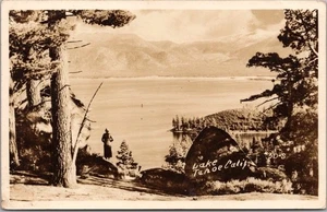 c1940s LAKE TAHOE, California Real Photo RPPC Postcard Woman / Panorama View - Picture 1 of 2