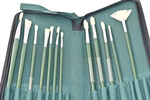 12 Langnickel Paint brushes Set of 12 : New, old stock Vintage set Green Case - Picture 1 of 7