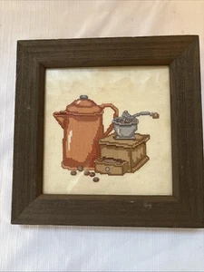 Vintage Hand Crafted Finished Cross Stitch Coffee Grinder &Pot Coffee bar - Picture 1 of 6