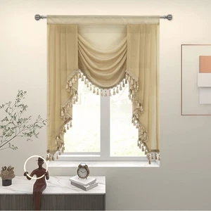 Beige Waterfall Sheer Window Curtain Valance for Living Room - Tassels Swag C... - Picture 1 of 8