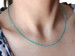 Natural Top Genuine Turquoise Tiny Seed Minimalist Bead Sterling Silver Necklace - Picture 1 of 5