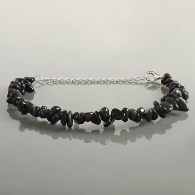 Negra Natural Obsidiano Nuggets Uncut Cadena 925 Plata Mano Collar con Cuentas - Imagen 1 de 4