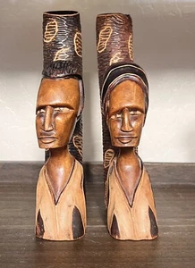 Hand Carved Wood African Tribal Folk Art Bookend Man Woman Figurine 11” Tall - Picture 1 of 4