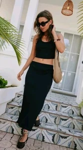 New With Tags Free People Midi Slit Hem Skirt in Black MSRP $68 Classic - Picture 1 of 10