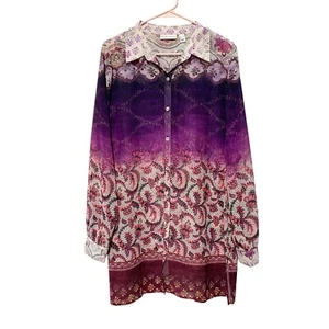 Susan Graver Tunic Top M Purple Ombre Paisley Button Down Long Sleeve Blouse - Picture 1 of 8