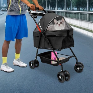Foldable Pet Cart 4 Wheel Small/Medium Dog Cat Carrying Cart Puppy Carrier Black - Picture 1 of 20