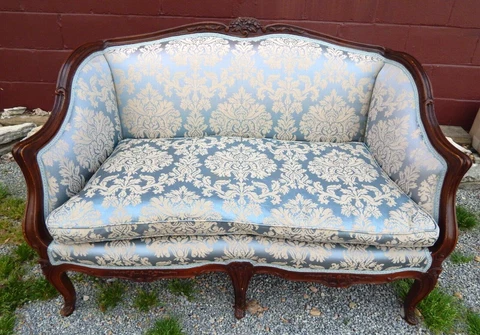 ANTIQUE FRENCH LOVESEAT WITH IMMACULATE BLUE BROCADE UPHOLSTERY, DOWN CUSHION Cover