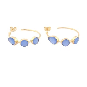 Blue Chalcedony Gemstone Jewelry Yellow Gold Gift For Mum Stud Earrings 1.18" - Picture 1 of 4