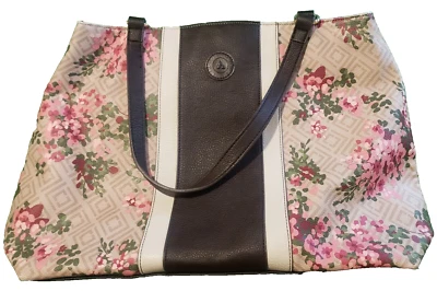 Liz Claiborne 花卉托特包大号皮革包米色粉色花朵 16 x 12 x 5 — 第 1/4 张图片