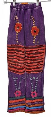 K.P.C. Pantalones florales morados bordados coloridos bohemios hechos a mano talla pequeña Foto 1 de 4