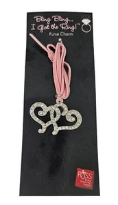 Pink & Silver Bag Charm Entwined Crystal Hearts Charm & Leather Tie - Picture 1 of 1