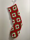 Crocheted Granny Square 24" Christmas Stocking Scarlet , Bright Green, White New