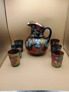Set bevande carnevale cobalto vintage Fenton fiori di ciliegio usato dipinto a mano  - Foto 1 di 23