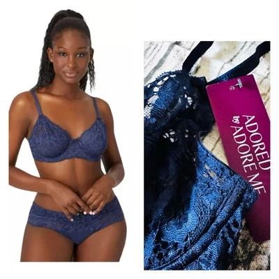 Adored By Adore Me  Women's Chelsey Unlined Underwire Bra Lace Navy Blue 36A NWT - Image 1 of 4