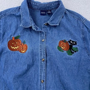Halloween Pumpkin Cat Denim Shirt Womens 2X Button Up Long Sleeve Embroidered - Picture 1 of 9