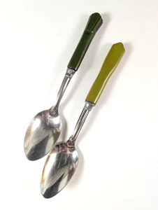 Two Vintage Green Handled Spoon Sta-Brite Kromebrite MCM 40's 50's Light Dark - Picture 1 of 11