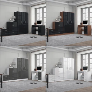 REFLECT Gloss 4pc Bedroom Set - 3 Door Wardrobe + Tall Chest + Bedside + Desk - Picture 1 of 41