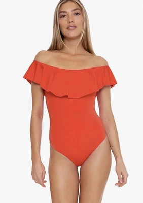 Trina Turk Monaco 荷叶边连体泳衣,亮珊瑚色,尺寸 4 全新 — 第 1/3 张图片