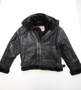 Vtg Protocol B3 Bomber Jacket Black Leather Trim Boys Youth 4 Faux Lining Hooded - Picture 1 of 19