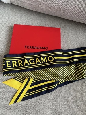 Ferragamo шелк бандху шарф желтый темно-синий полоски отличном б/у без коробки Хэллоуин - Изображение 1 из 4