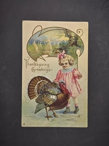 ANTIQUE 1916 POSTCARD THANKSGIVING GREETINGS, LITTLE GIRL IN PINK WITH TURKEY - Picture 1 of 7