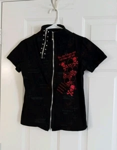 Vintage G.L.P Gothic Lolita Punk Women's Med Graphic Print Full Zip Short Sleeve - Picture 1 of 9