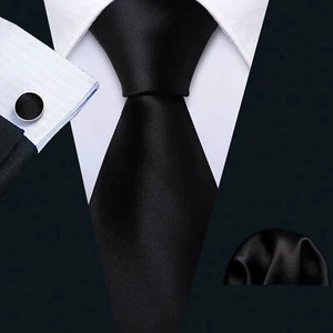 Black Necktie Set include Handkerchief and Cufflinks (by Hi-Tie) - Picture 1 of 3