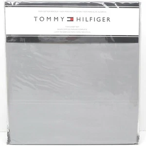 TOMMY HILFIGER TWIN SHEET SET 3pc NEW Neutral Solid Grey 100% COTTON PERCALE - Picture 1 of 4