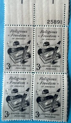 1957 US 3¢ Block Of 4 Stamps Religious Freedom In America Scott #1099 MNH VF - Image 1 of 3