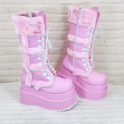 Bear 202 Pink Faux Fur / V Leather Platform Goth Punk Calf Boots NY Stomper - Image 1 of 4