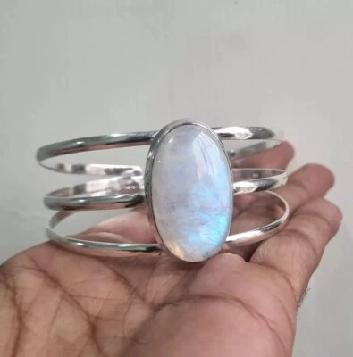 Brazalete y pulsera de piedra lunar natural, hermosos brazaletes de regalo de plata de ley 925 Foto 1 de 4