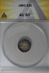 1862 .03 ANACS AU 50 STAR AND SHIELD three cent (3c), Trime - Picture 1 of 2