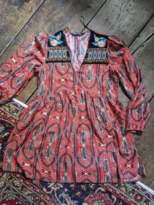 Zara Printed Red Paisley Velvet Embroidered Boho Smock Mini Short Dress L 12 14 - Picture 1 of 5