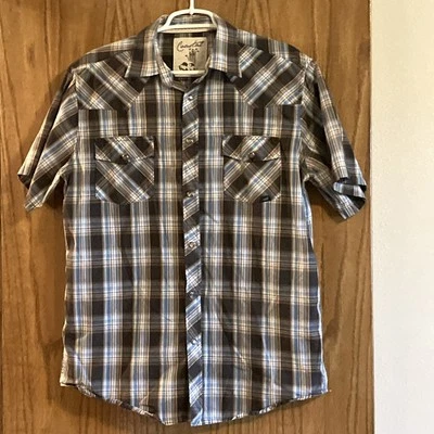 Coastal Men’s Western Short Sleeve Snap Front Shirt Size L Brown And Blue Plaid - Image 1 of 4