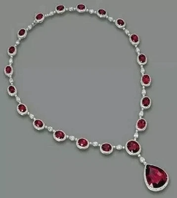 35Ctw Oval Cut Lab created Red Ruby Tennis Necklace 14K White Gold Plated Silver - Image 1 of 4