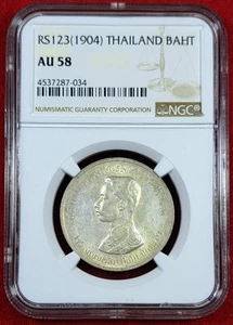 RS.123 (1904) Thailand silver coin, King Rama V, 1 Baht NGC AU58, - Picture 1 of 4