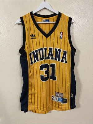  Camiseta deportiva Reggie Miller Hardwood Classics Indiana Pacers amarilla a rayas pequeña S Foto 1 de 4