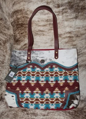 Myra Bag #8914 Tote~Leather, Red Canvas, Hairon, Rug 17"x4"x14"~Handles~Pockets - Image 1 of 3