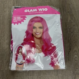 Glam Pink Wig School Spirit Long Dress Up Costume Breast Cancer Walk Girly Fun - Picture 1 of 4