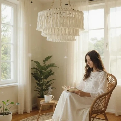 Lámpara de araña Boho con flecos 55 cm de ancho colgante en niveles lámpara borla pantalla Foto 1 de 4