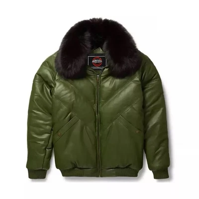 Chaqueta acolchada de cuero de cordero con cuello de piel de zorro y plumón de ganso para hombre, cremallera YKK Foto 1 de 2