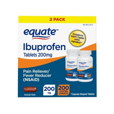 Equate Ibuprofeno Comprimidos 200 mg, Analgésico y Reductor de Fiebre, 100 Ct, Paquete de 2 Foto 1 de 4
