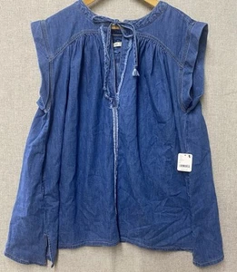 We the Free Summer Love Chambray Oversize Henley Bluse Top Blau Damen Gr. S - Bild 1 von 10
