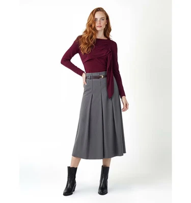 Abb Polyviscose Fabric Wide Pleated Long Skirt With Faux Leather Belt - Image 1 of 4