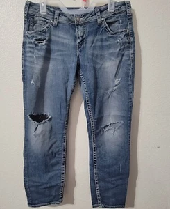 Silberne Jeans Damen W 30 x L 25 Boyfriend Super Stretch Denim Distressed Cropped - Bild 1 von 10