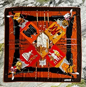 Bufanda de seda HERMES Carre 90 LE CARNAVAL DE VENISE marrón naranja vintage en caja - Imagen 1 de 11