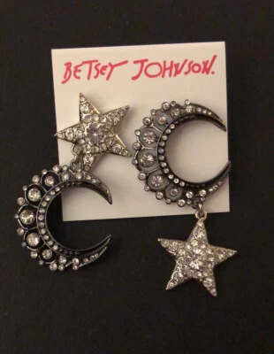 Pendientes colgantes Betsey Johnson tono plata estrella y luna creciente desajuste nuevos con etiquetas Foto 1 de 4