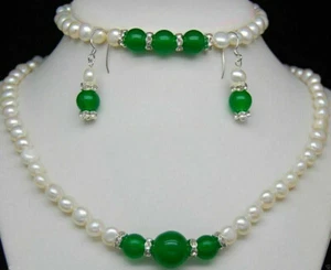7-8mm Natural White Pearl & Green Jade Necklace 20"+ Bracelet 7.5"+ Earrings Set - Picture 1 of 3